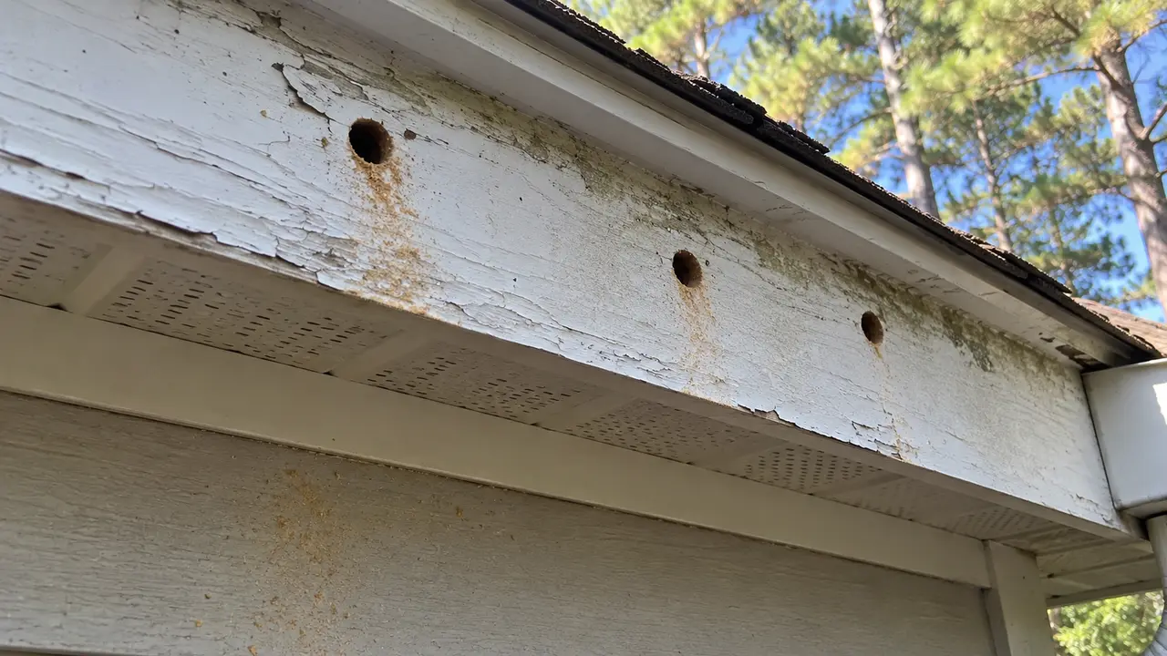 A painted wooden trim board under a roof edge with round carpenter bee holes along it.