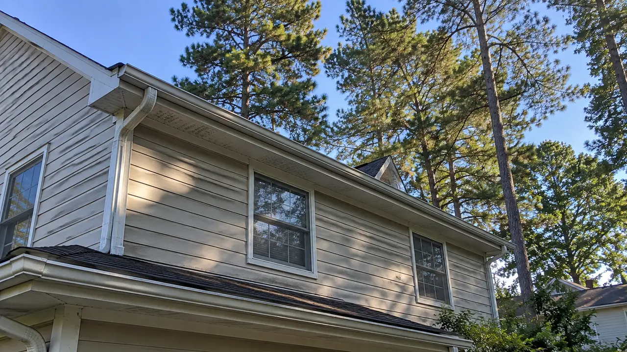 The roofline of a two-story house, with the fascia board, gutter and vented soffit visible from the yard.